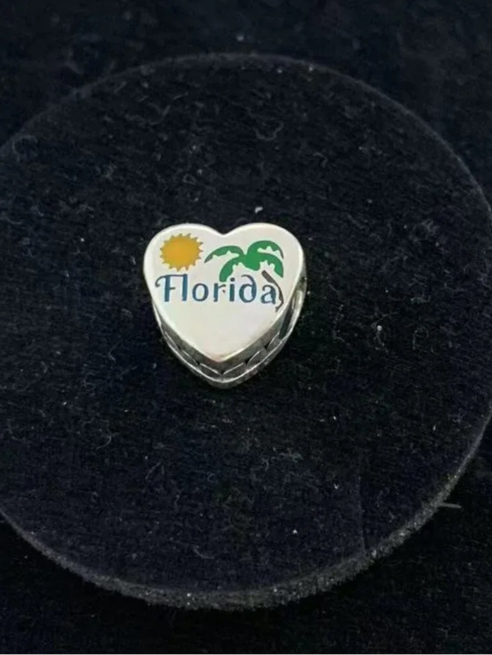 Pandora White Heart Charm with Yellow Sun and Green Palms